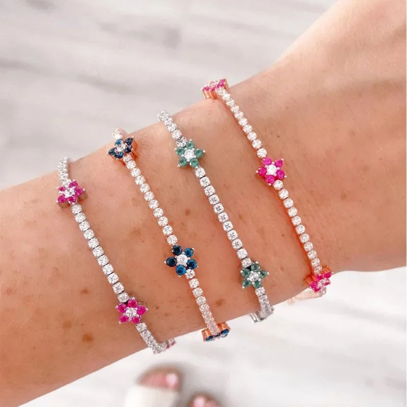 Luxury Rainbow CZ Flower Tennis Chain Bracelet For Women Girls Iced Out Bling CZ Paved Colorful Daisy Flower Bracelet