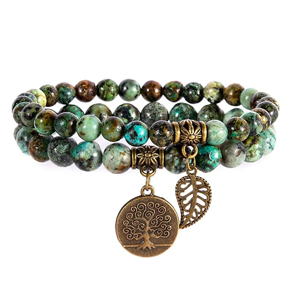 Natural Semi Precious Gemstone Beads Bracelet for Women Life Tree and Leaf Charm Energy Reiki Crystal Stretch Bracelets Jewelry
