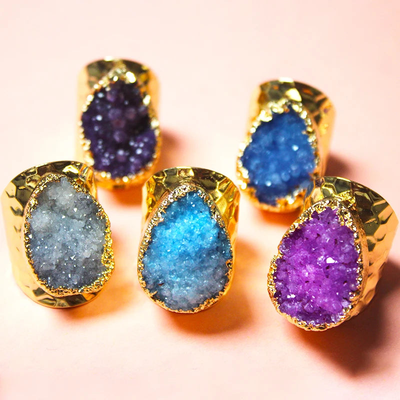 Elegant Crystal  Irregular Raw Druzy Stone Ring Gold Plated Boho Wide Open Finger Jewelry for Women Men Party Wedding