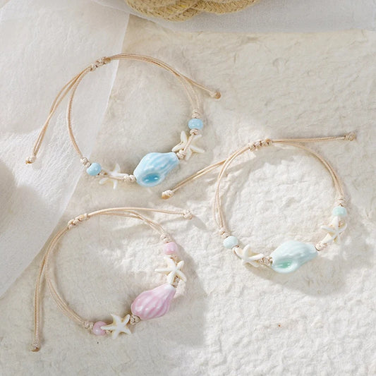 Bohemian Conch Starfish Shells Beaded Bracelets for Women Girls Boho Style Shell Beaded Beach Bangles Jewelry Gift Adjustable