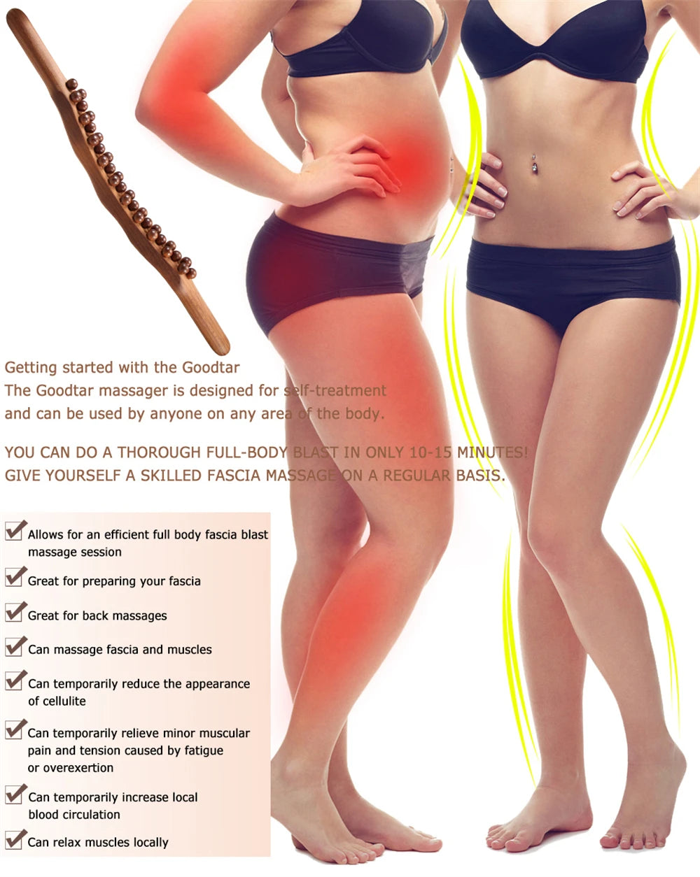 Guasha Wood Stick Tool Wood Therapy Massage Tool for Body Shaping,31 Beads Back Massage Roller Stick,Lymphatic Drainage Massager