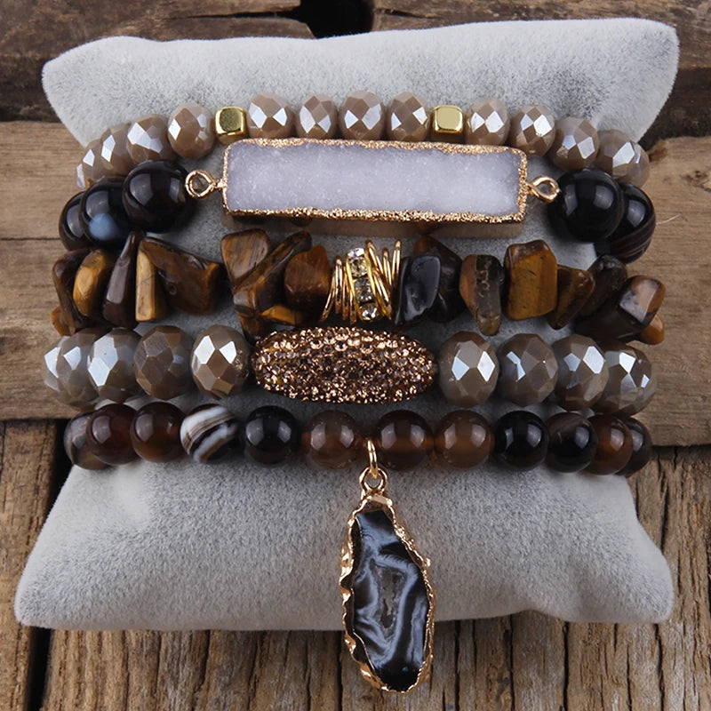 Fashion Designer Gemstone Crystal Glass Beaded Bracelet Sets Druzy Charm 5pc Stack Bracelet Bracelets Set For Women Jewelry Gift