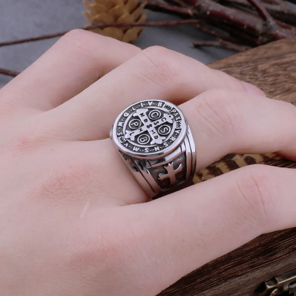 Vintage Saint Benedict's Christian Cross Ring Ring Men's Hip Hop Religious Biker Ring Stainless Steel Jewelry Boyfriend's Gift
