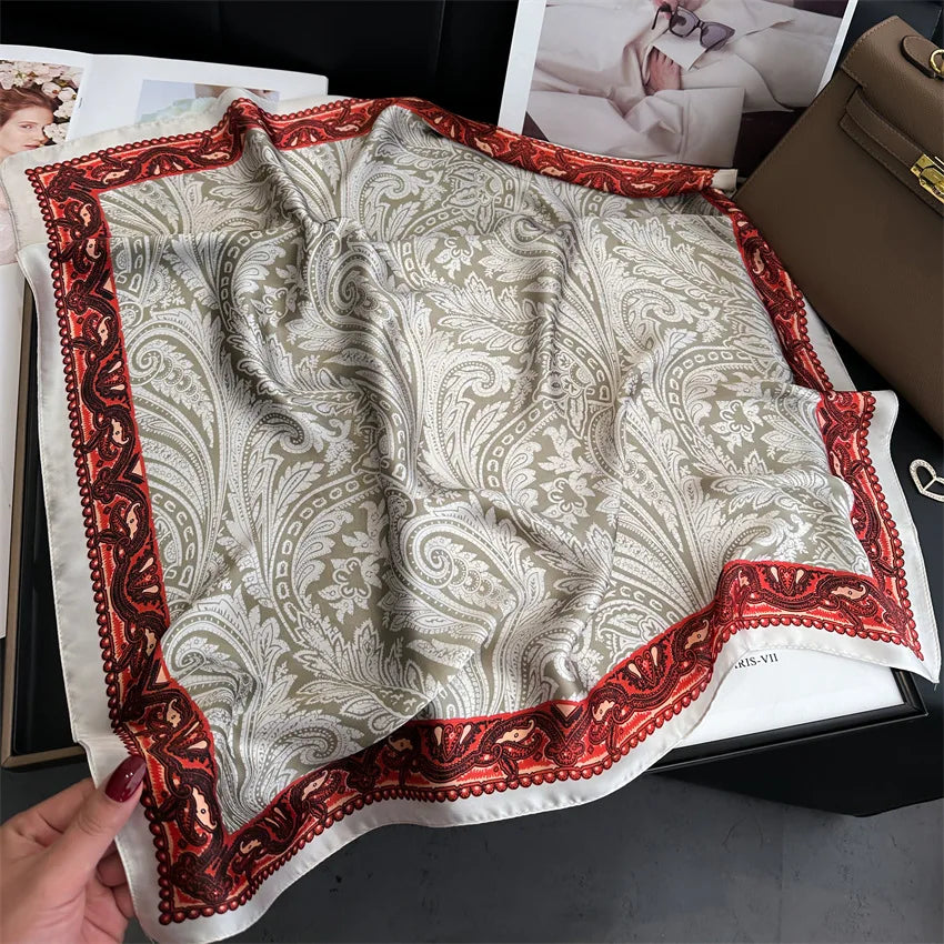 Imitated Silk Headcloth Fashion Flower Print Square Shawls Popular 70X70cm Bandanna Kerchief Sun Protection Silk Scarves Tie Bag