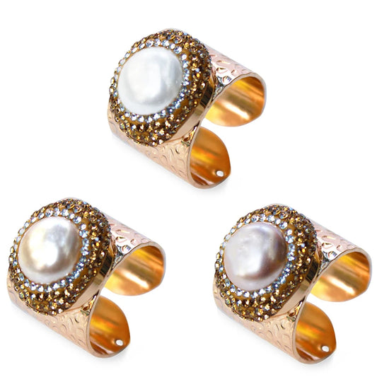 Micro Inlay Full Rhinestone Gold Plated Pearl Bride Engagement Wedding Open Ring Resizable