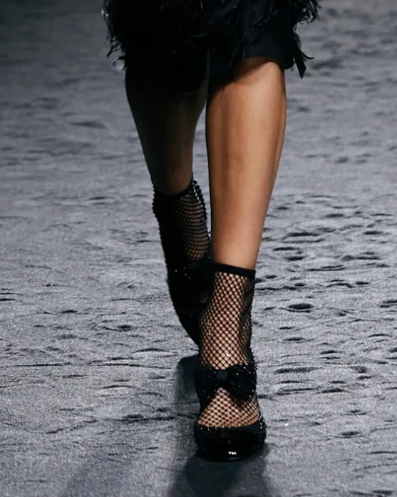 Rhinestone Mesh Upper Bow Mary Janes Shoes Block High Heels Splicing Elastic Slip-on Designer Women's  Elegance Party Footweant