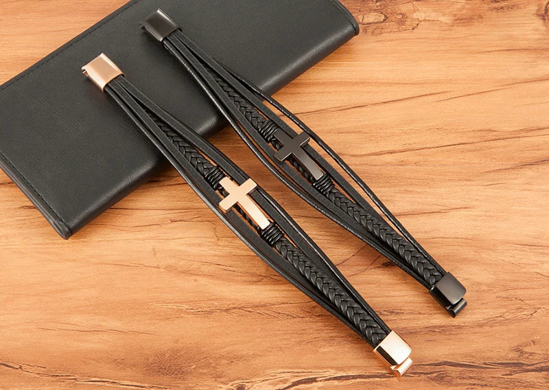 Men's Cross Bracelets Luxury Design Stainless Steel Bangles Classic Leather Bracelet Men Accessories Wrist Band Male Gift