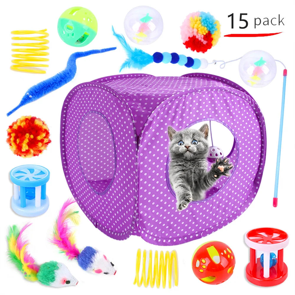 Cat Toy Mouse Shape Ball Foldable Cats Play Tunnel Chat Funny Cat Tent Simulation Fish Combination Set Kitten Supplie Accessorie