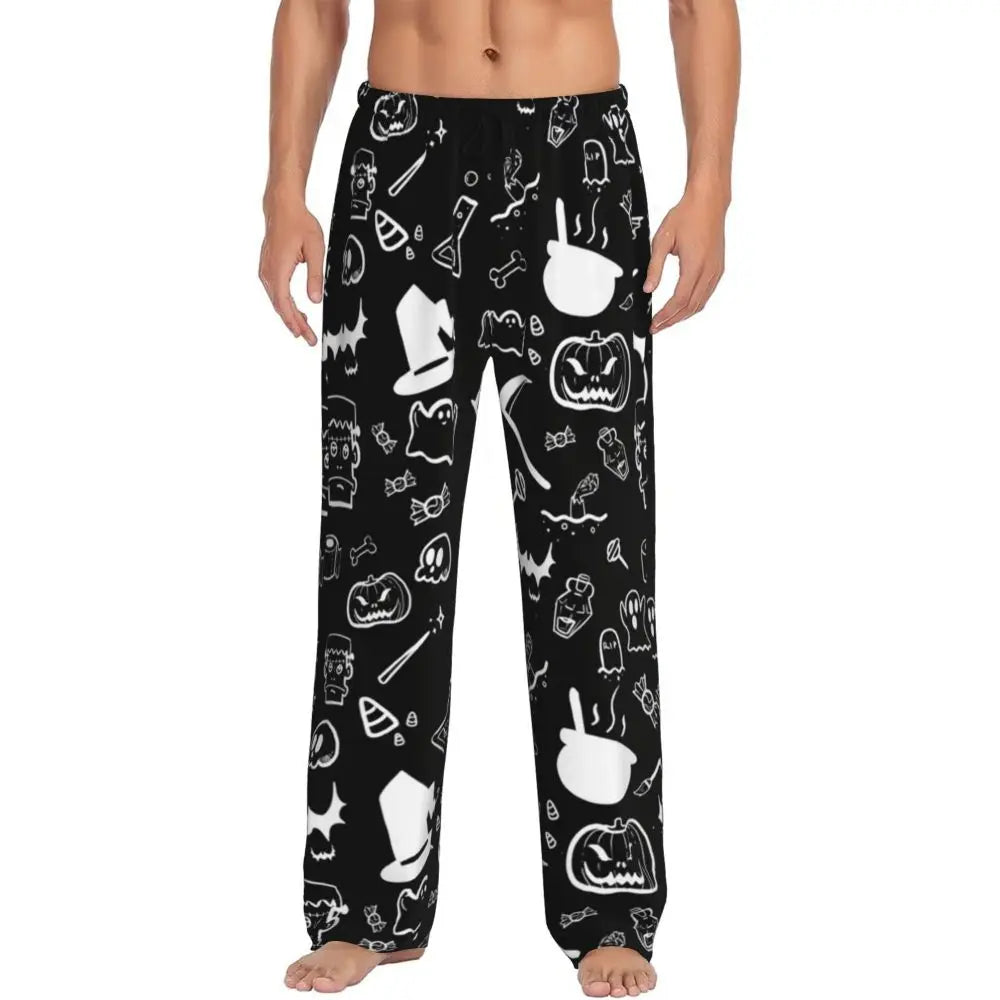 Custom Cute Spooky Halloween Bats Black And Purple Pajama Pants for Men Lounge Sleep Drawstring Sleepwear Bottoms with Pockets