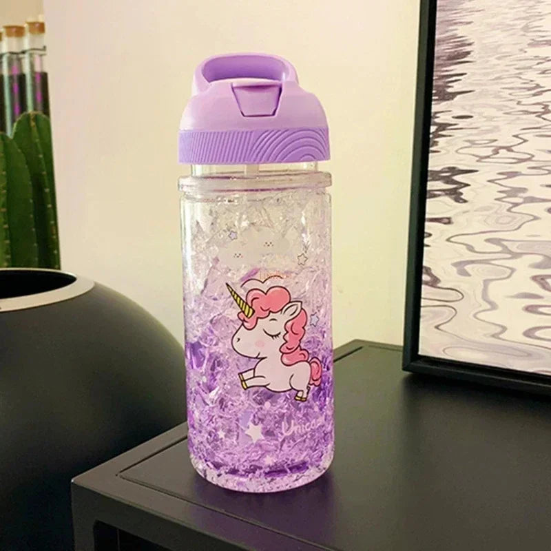 Stylish Double Straw Unicorn Ice Cup Summer Cold Drink Juice Coffee Water bottle Boy's Girl's Portable Plastic Cups Novelty Gift