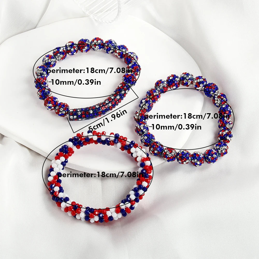 New American Independence Day 3pcs Stack Bracelet Set 10mm Red White Blue Mixed Rhinestone Ball Glass Beaded Elastic Bracelet