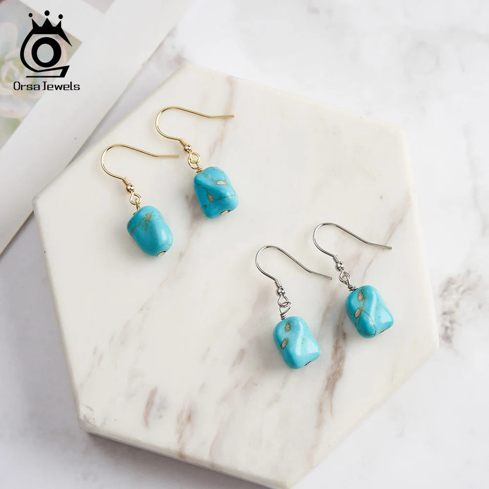 ORSA JEWELS 14K Gold 925 Sterling Silver Dangle Earrings Hand-picked Square Turquoise Drop Earring for Women Jewelry Gift GME45