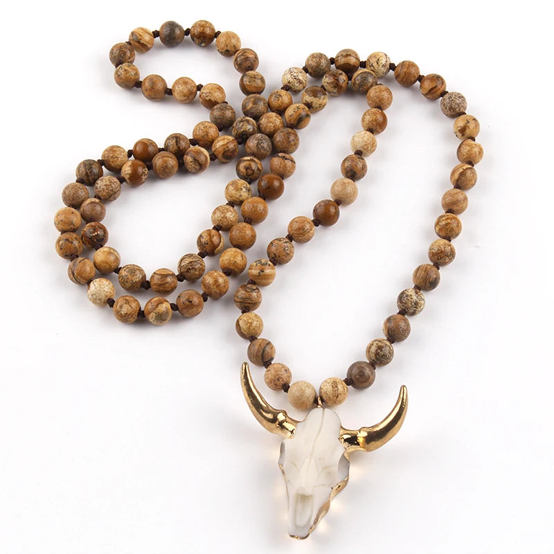 Fashion Bohemian Jewelry Sem Stone Knotted Horn Pendant Necklace For Women Boho Ethnic Necklace Gift
