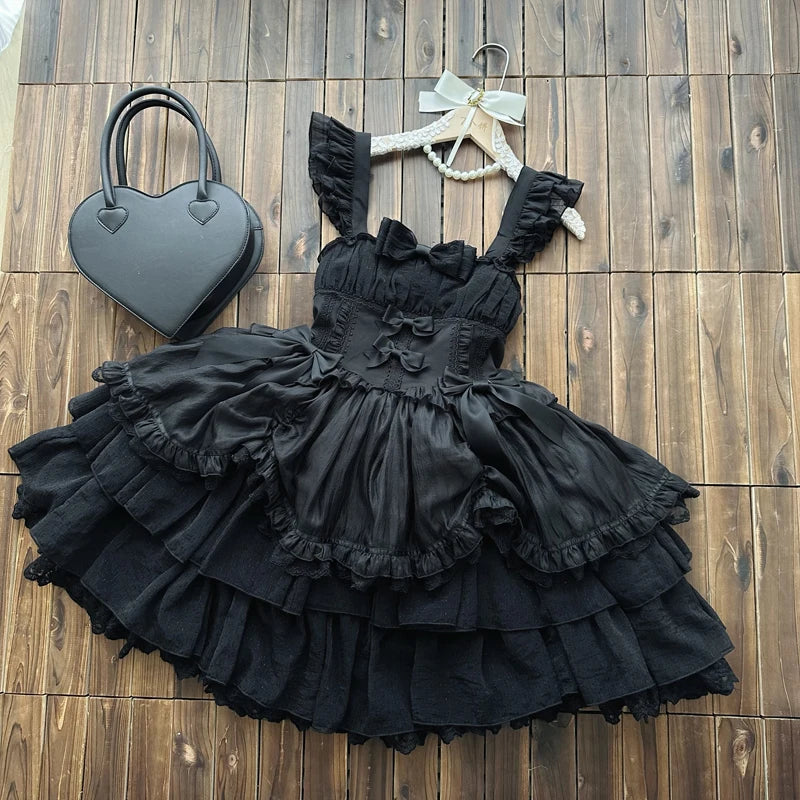 Original Design New Summer Lolita Dress Women's Sweet Flower Wedding Lace Bowknot JSK Sling Dress Black and White Princess Dress