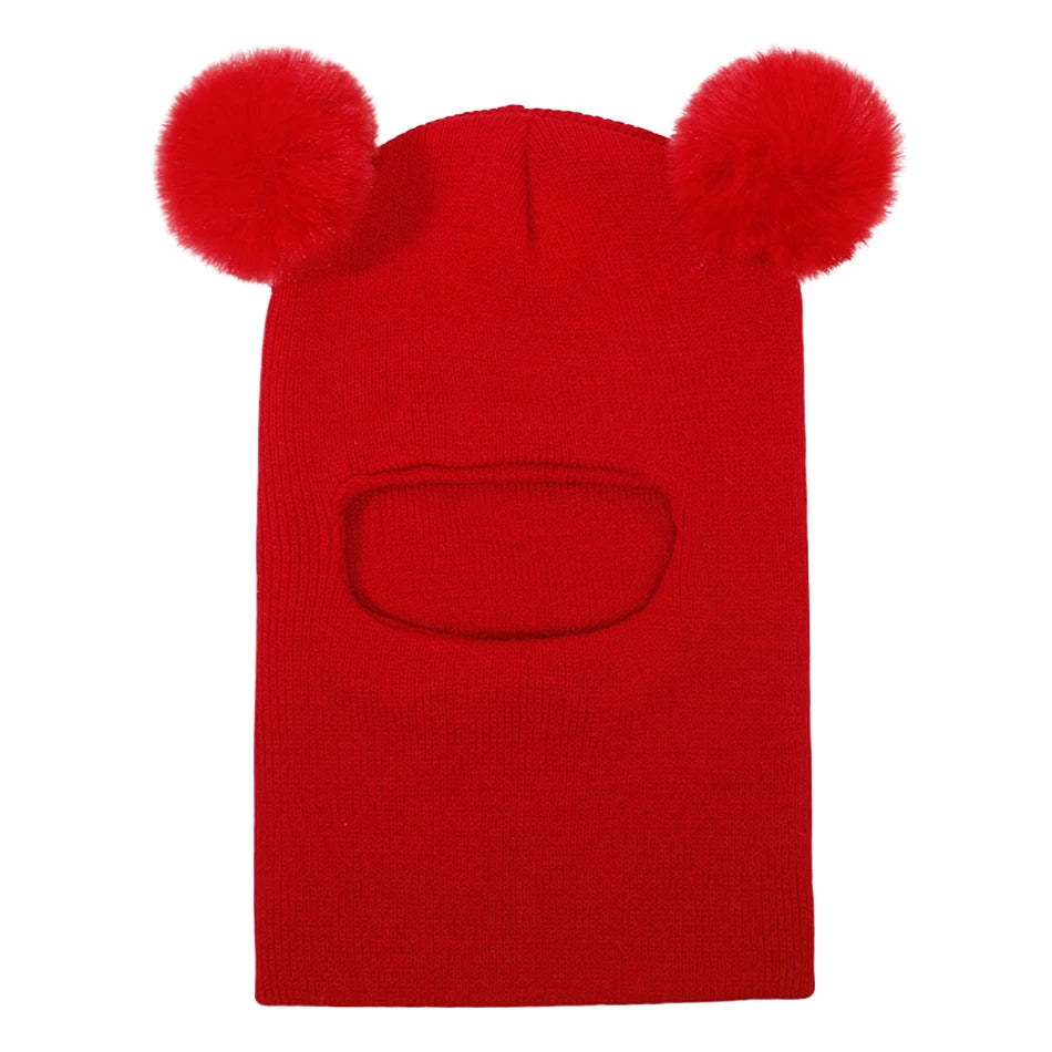 Kids Autumn Winter Pullover Hat Children's Double Ball Ear Protection One-piece Hats Baby Yarn Knit Cap Balaclava Christmas Gift