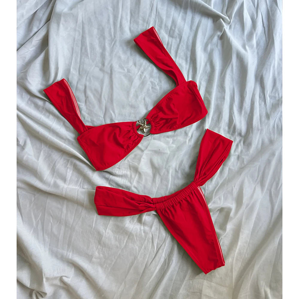 Push Up Bikinis Women Swimsuits 2025 Swimwear Sexy Starfish Bikini Set Thong Brazilian Biquini Bathing Suit Solid Beachwear