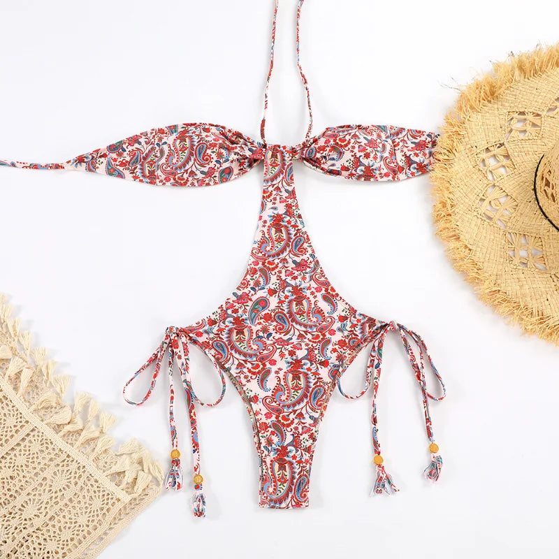 String Swimwear Women Sexy Halter One Pieces Swimsuit Lace-Up Push Up Bathing Suits 2023 Solid Bikinis Sets Beachwear Monokinis