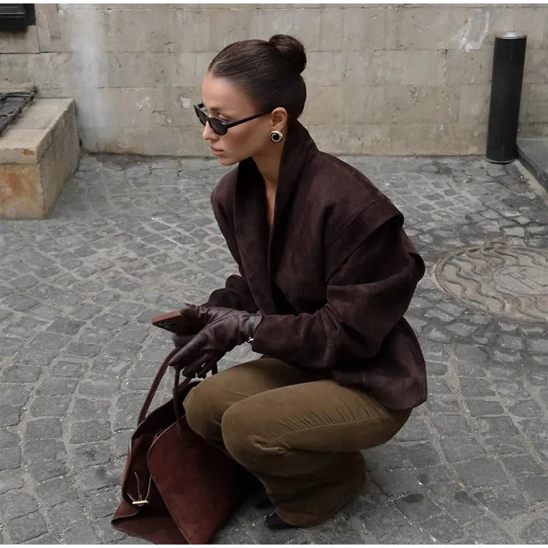 Dark Brown Suede One Button Blazer Women Long Sleeve Wide Shoulders Coat Autumn Highstreet Commute Fashion Solid Lady Outerwears
