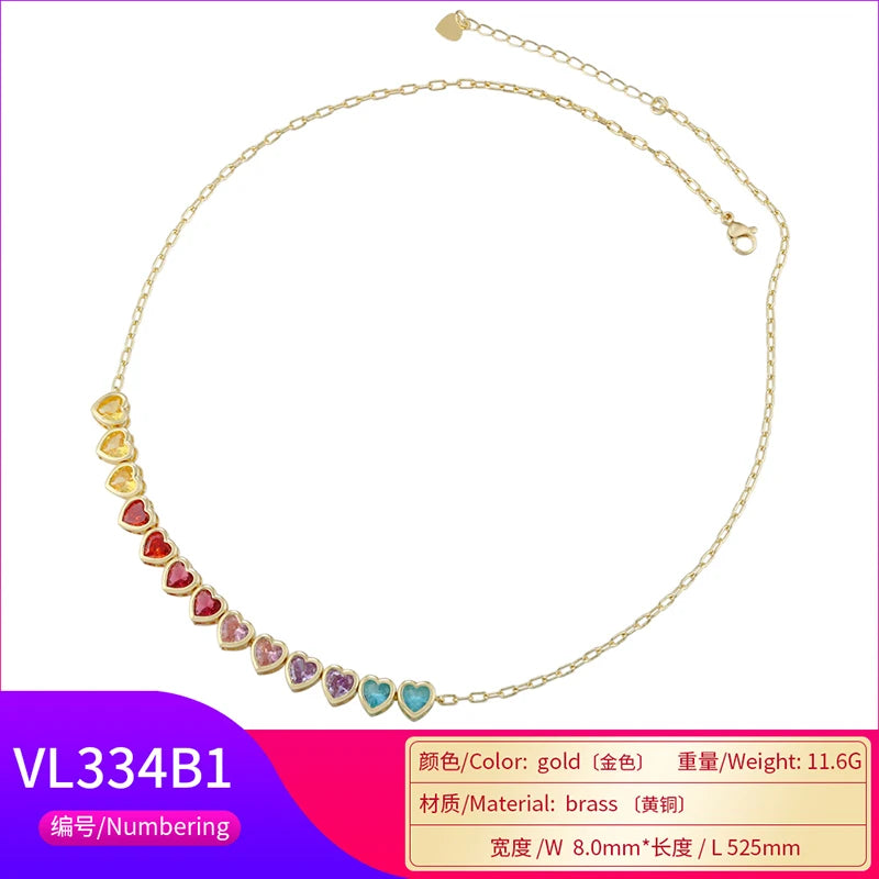 ZHUKOU Heart Rainbow bracelet for women 6 colors CZ stones necklace for women Summer adjustable jewelry sets wholesale VL333