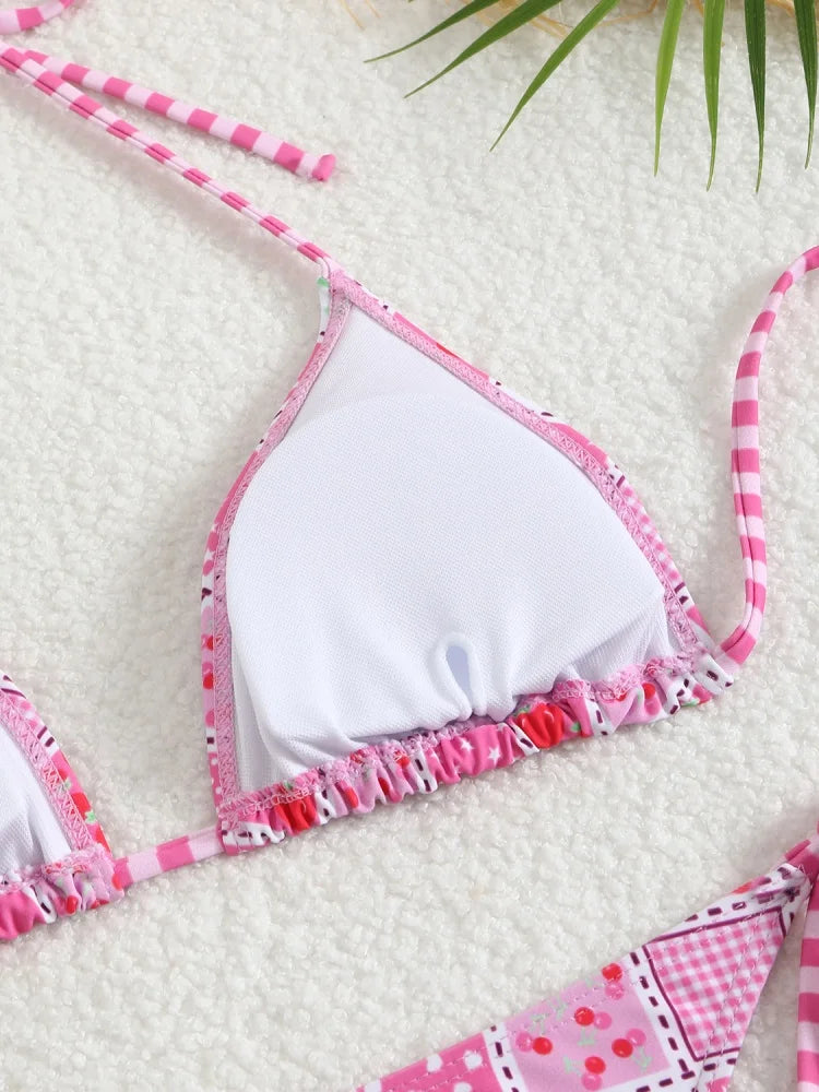 Bikini Women Swimsuit 2025 New Print Halter Bikinis Set Sexy Thong Swimwear Summer Two Piece Backless Beach Bathing Suit Female