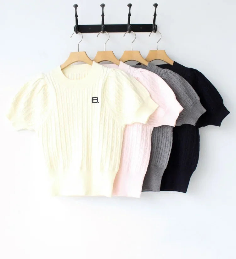 Japanese New Spring Ladies Sweet Bubble Short Sleeve Twist Knitted Top Sweater Letter Embroidered Pure Color Women's T-shirt