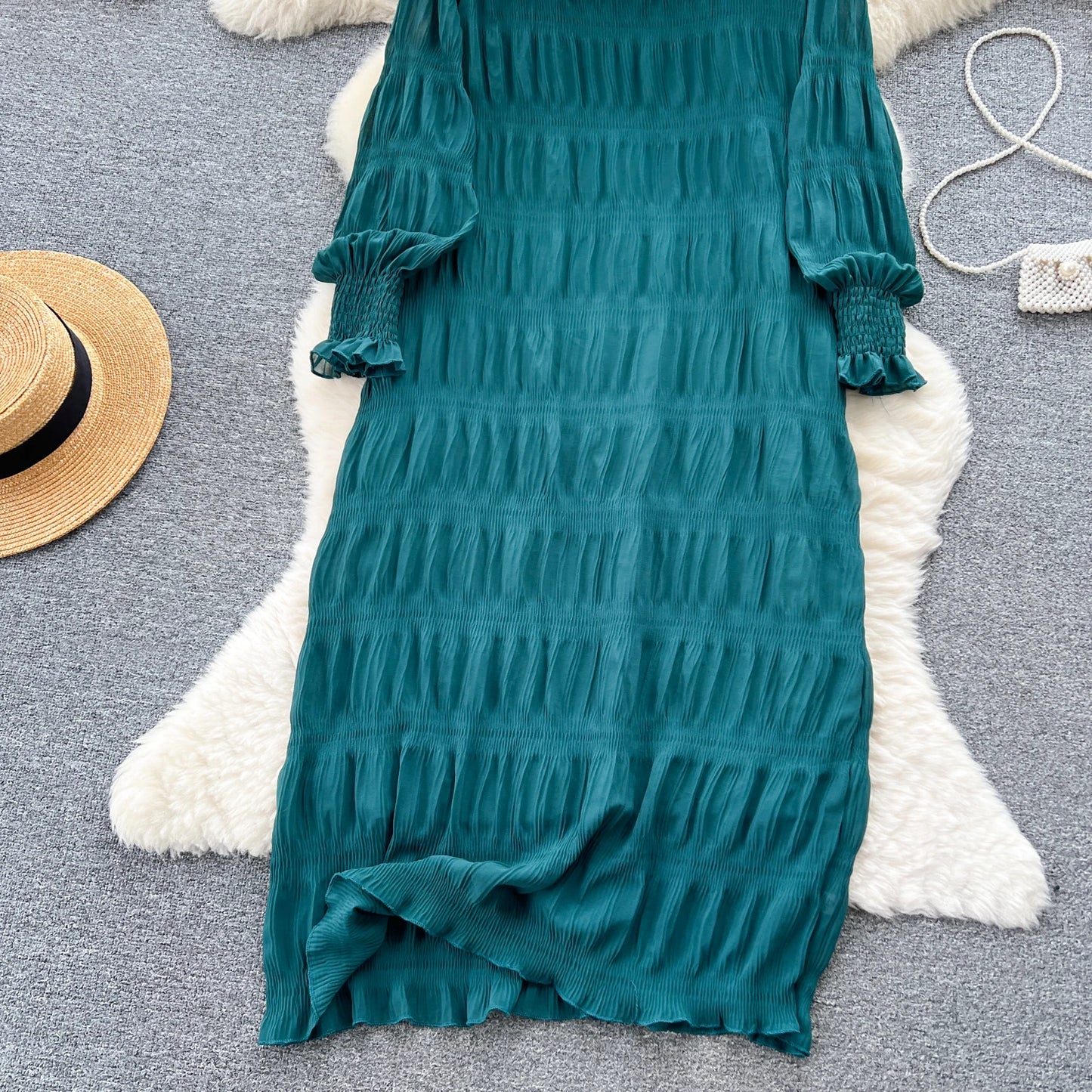 Autumn Vintage Women Draped Loose Midi Dress Elegant Round Collar Puff Long Sleeve Robe Casual Yellow/Burgundy/Green Vestido New