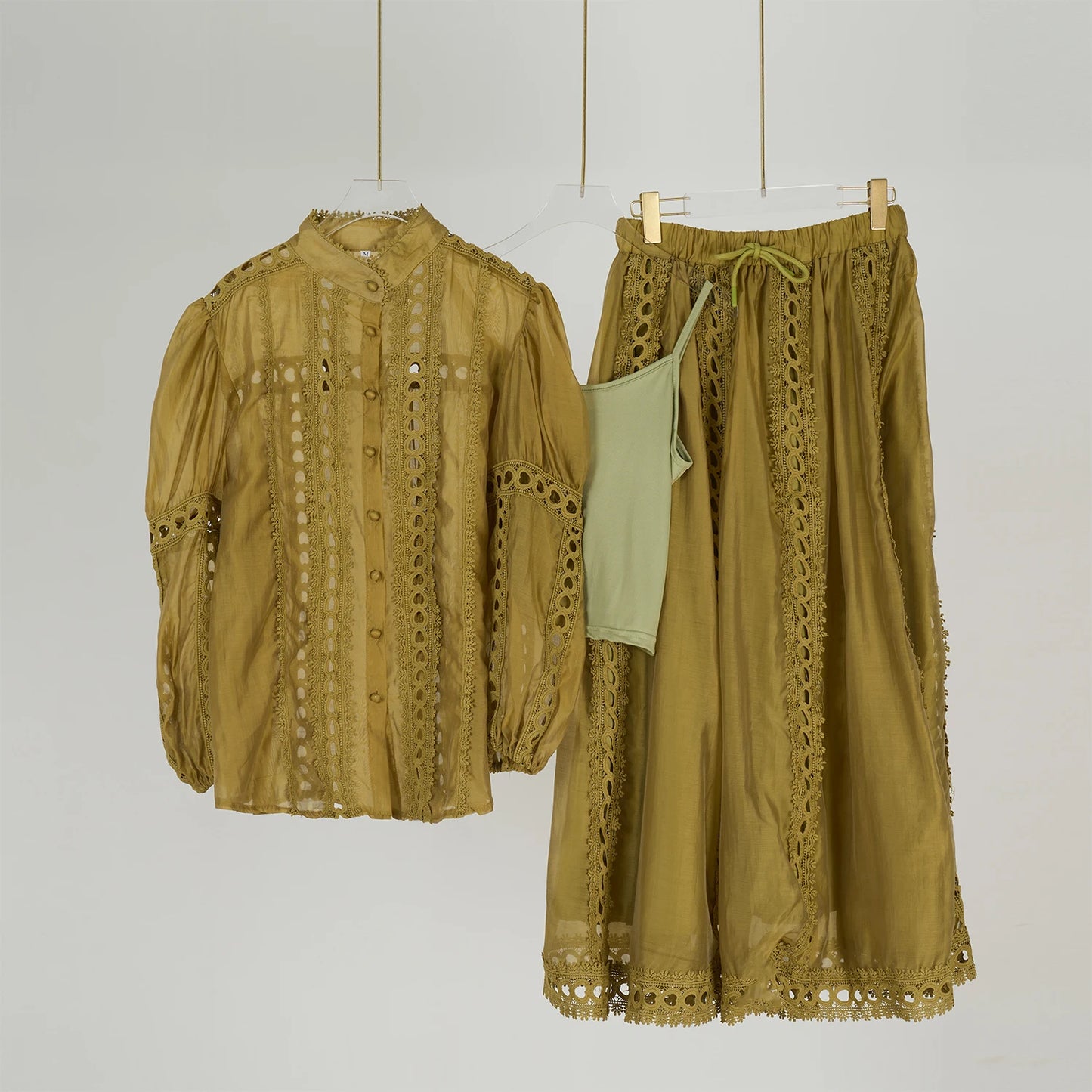 Elegant Embroidery Long Dress 2 Piece Set Women Summer Autumn Hollow Out Crochet Shirts Elastic Waist Long Maxi Skirt Suits