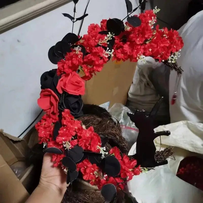 Halloween Moon Cat Garland with Rose Black Decorations Halloween Garland Halloween Wreath for Front Door Halloween Door Decor