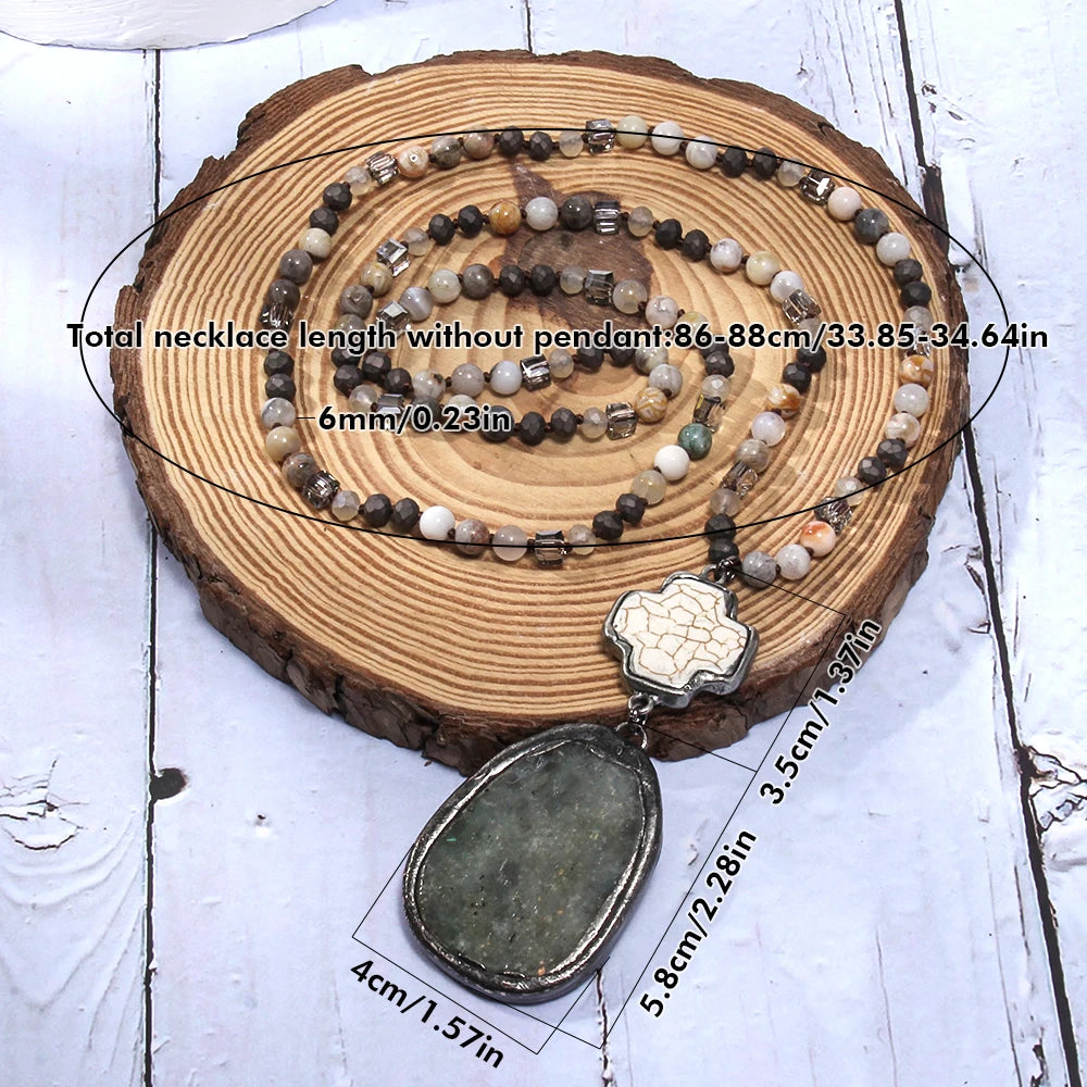 Summer New Bohemian Style Women's Jewelry 6mm Natural Stone Glass Knot Necklace Cross Elliptical Stone Pendant Necklace Sweater