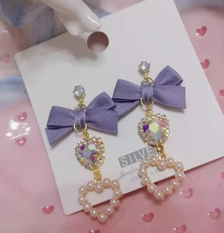 Japanese Style Lolita Sweet Bownot Rhinestone Pearl Heart Shaped Drop Earrings 925 Silver Pin Ear Clip Women Girls Earrings