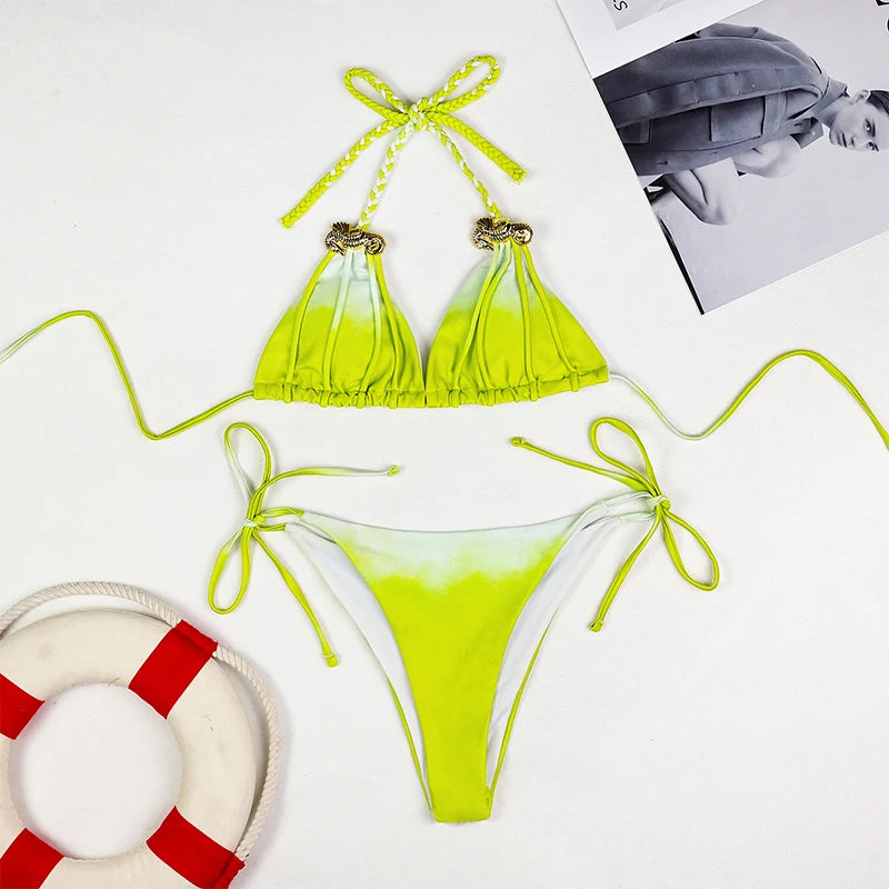 Sexy Micro Bikinis 2025 Women Halter Brazilian Bikini Set Female Pleated Swimsuit New Triangle Swimwear Beach Wear Bathing Suit