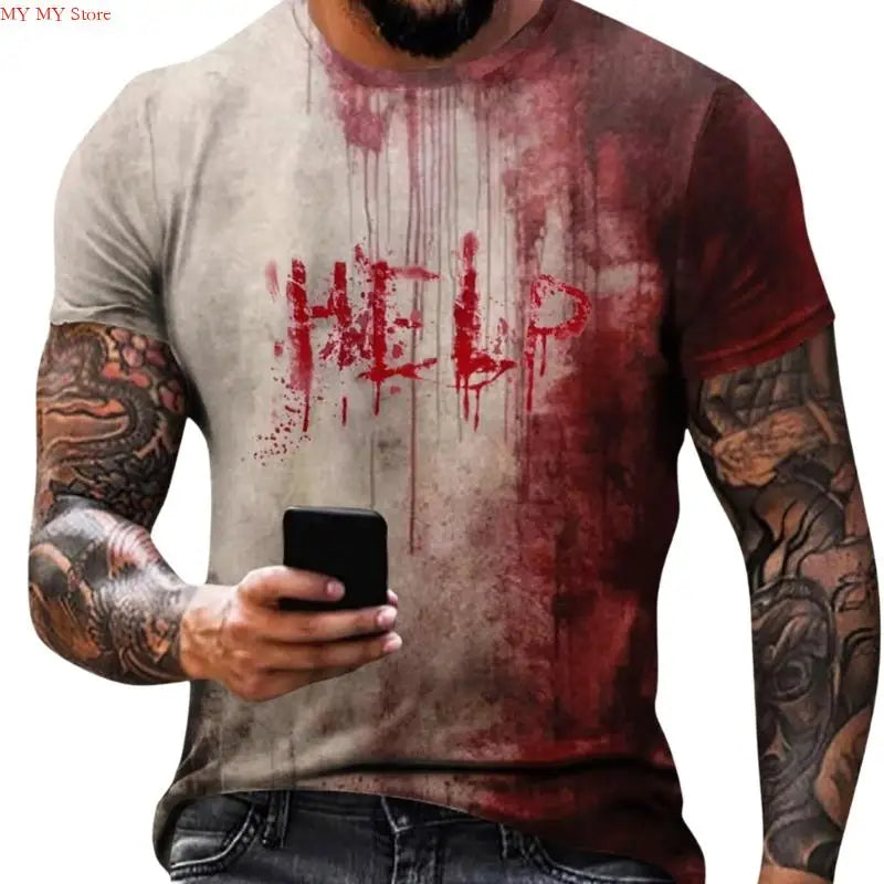 Men's Short Sleeve T-Shirt Digital Printed Design Problem Solved Letter Bloody Pattern Halloween Party Costume