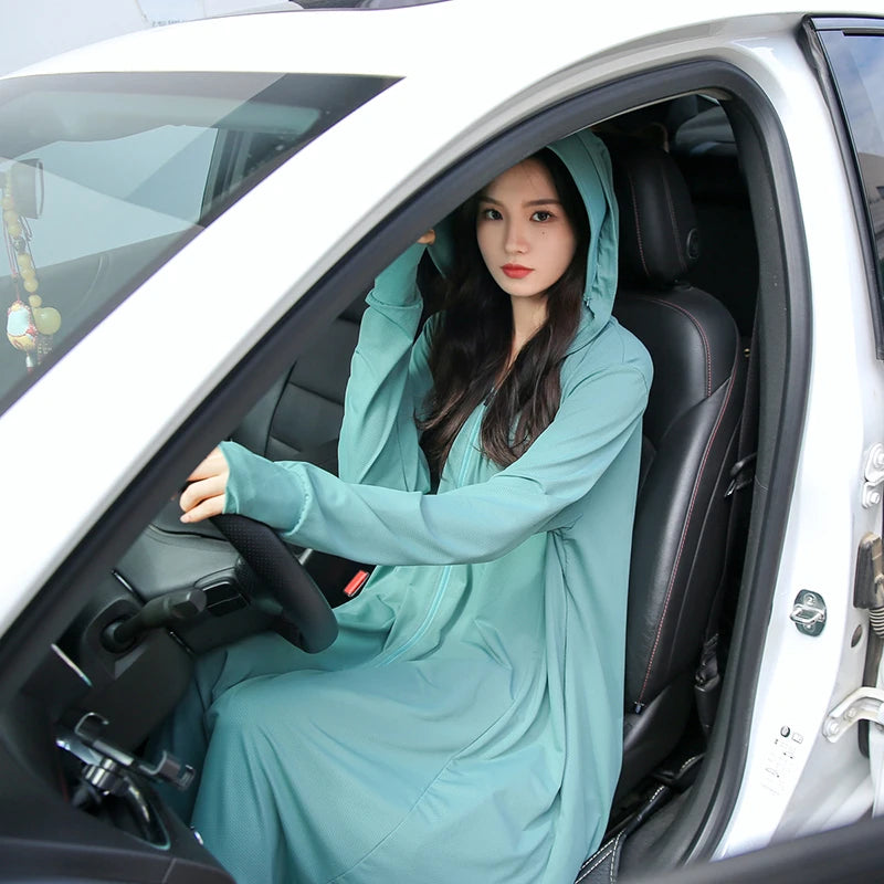 Sunscreen Sun Protection Long Coat Hooded Washable Ruffles Adjustable Waist Beach Anti-UV Dress For Women UPF50+ Long Coat 5XL