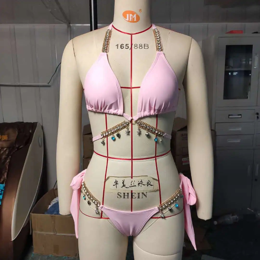 Rhinestone Bikini 2022 Women Solid Black Crystal Diamond Swimsuit Lady Luxury Metal Chain Bandage Bathing Suit Thong Swimwear