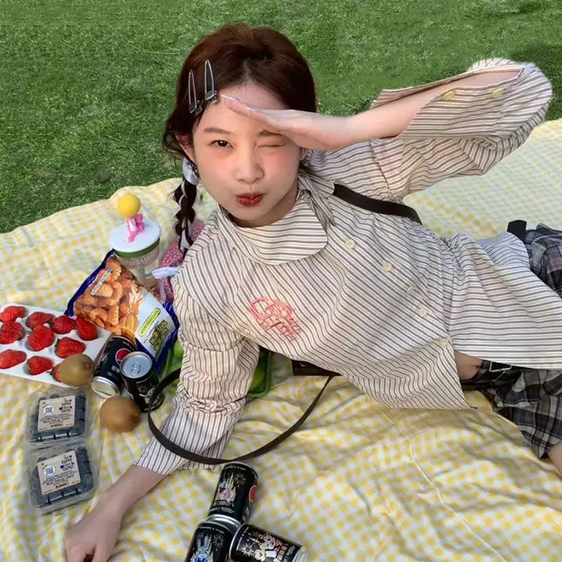 Blusas Mujer De Moda Striped Y2k Tops Tunic Shirts Blouse Women Clothing O-neck Slim Shirt Fashion Embroidery Vintage Tops