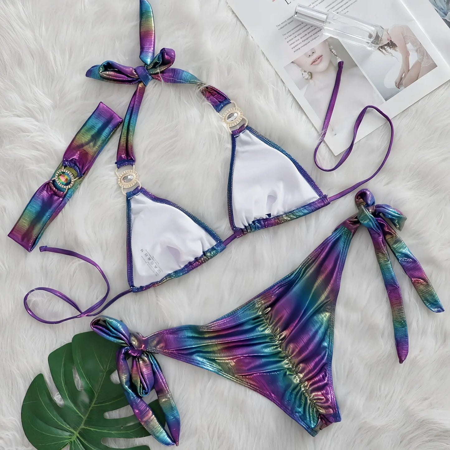 2025 New Diamond Rhinestone 3pcs Bikinis Set Crystal Patchwork Push Up Bandage Female Swimsuit with Hairband Bather Bathing Suit