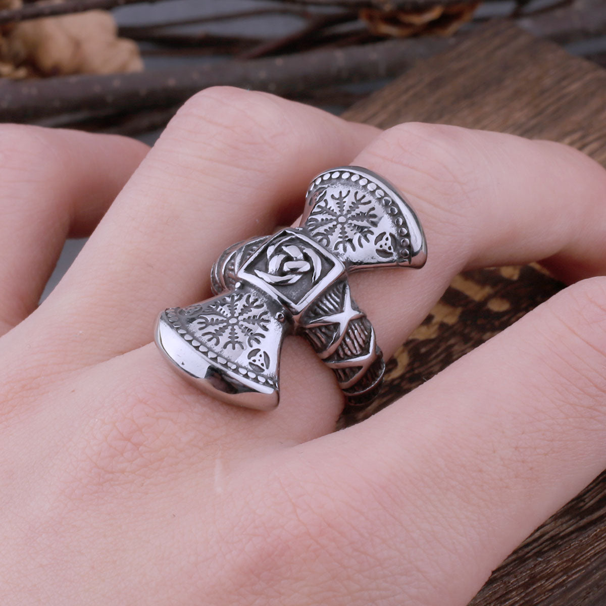 New Viking Double Axe and Road Sign Compass Ring Ring Men's Vintage Celtic Knot Amulet Ring 316L Stainless Steel Jewelry Gift