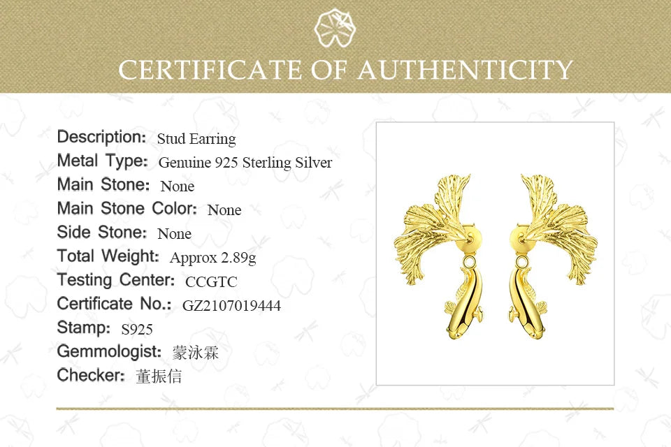 Lotus Fun 18K Gold Unusual Divided Design Fighting Fish Stud Earrings for Women Real 925 Sterling Silver Original Fine Jewelry