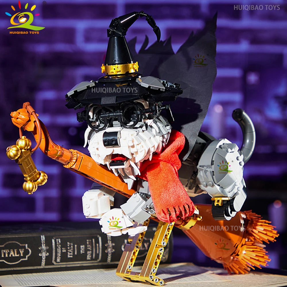 HUIQIBAO Halloween Wizard Cat Dog Ghosts Pumpkin Houses Model Building Block DIY Haunted House Bat Bricks Toys for Adult Gift