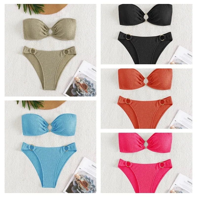 Sexy Bandeau Bikinis Sets Women Metal Ring Linked Push Up Micro Swimsuit 2025 Solid Bathing Suit Thong Swimwear Trajes De Baño