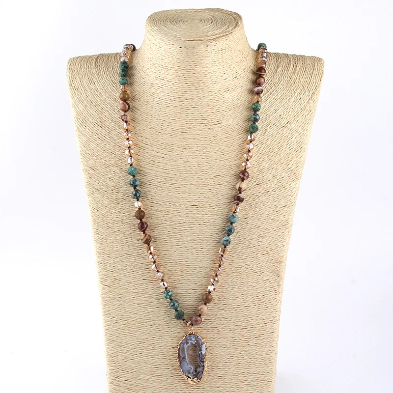 Fashion Bohemian Tribal Jewelry Crystal / Stone Long Knotted Irregular Druzy Stone Pendant Necklaces For Women