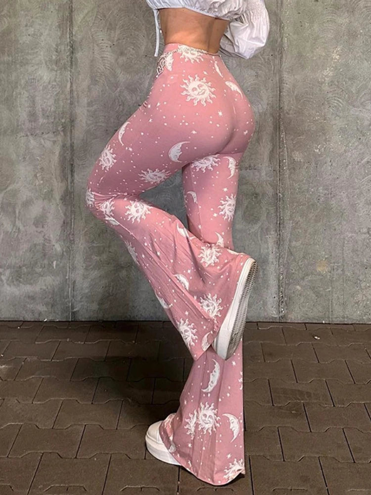 Summer Fashion Pink Pants Women Casual Slim Printed Long Flared Pants Streetwear Women Low-Rise Patchwork Abstract Y2k Pants