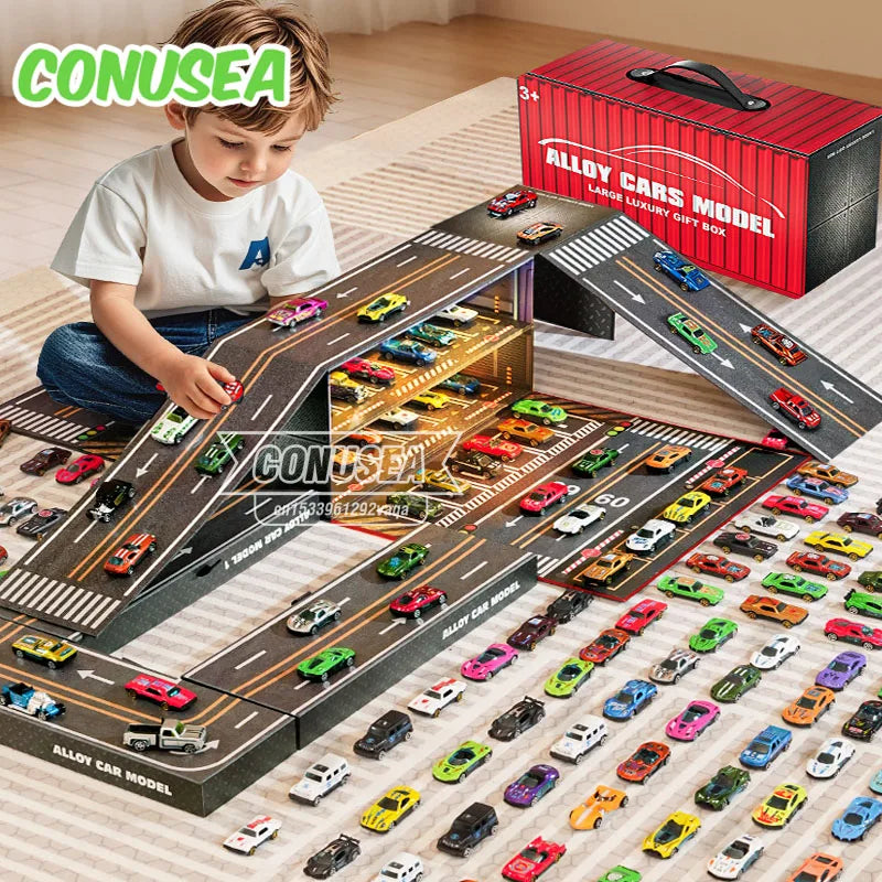 Christmas Gift 48Pieces Alloy Racing Car Models Scale Cars Set Container Storage Toy Metal Trucks Vehicles Model for for Kids
