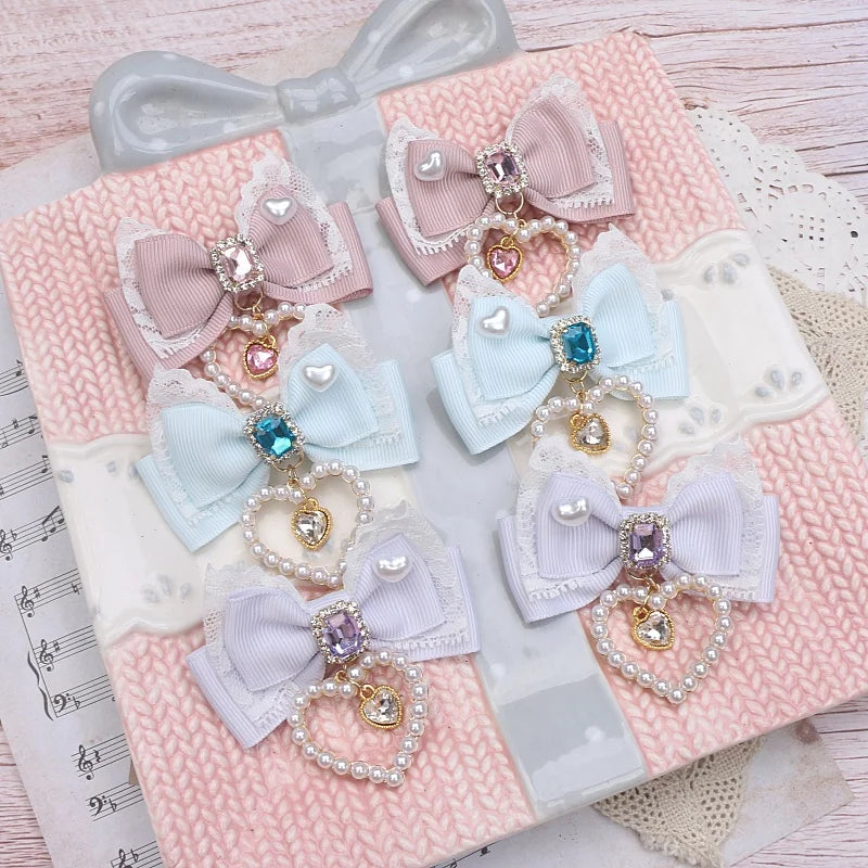 1 Pair Female Hair Clips Pearl Heart Side Clip Sweet Girl's Hairclips Lolita Hairpin Headdress Jiraikei Accessories