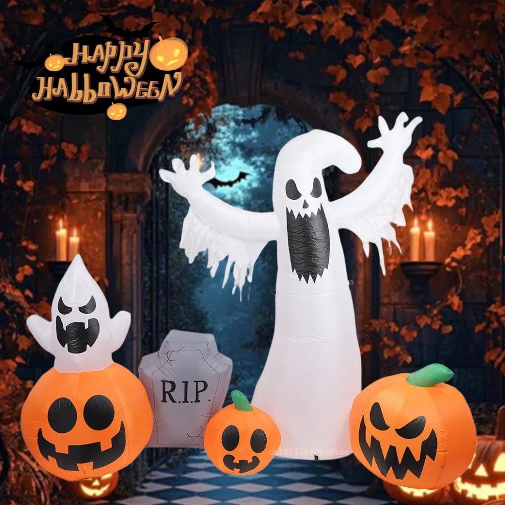 2.3M Halloween Pumpkin White Ghost Tombstone combination Built-in LED Lights Halloween Party Indoor Outdoor Inflatable Ornament
