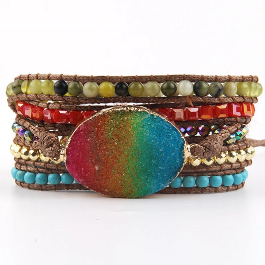 Fashion Bohemian Jewelry Bracelet Mixed Natural Stones Multicolor Big Druzy Charm Handma Wrap Bracelets Gift