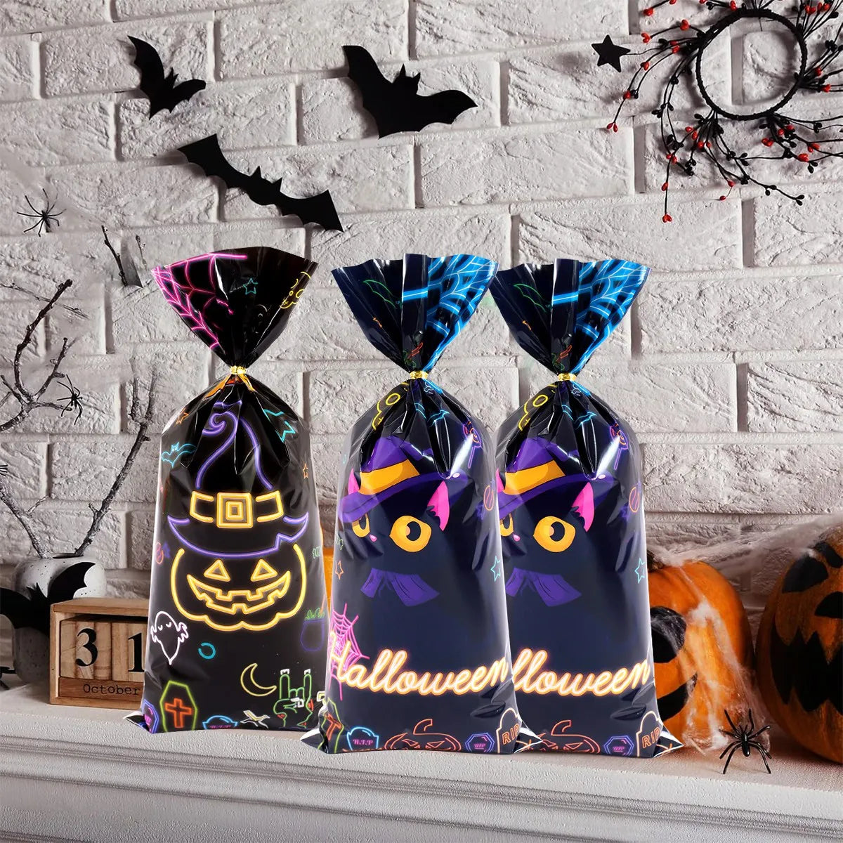 25/50/100pcs Halloween Black Cat Gift Bags Pumpkin Candy Packaging Bags Trick Or Treat 2025 Happy Halloween Party Decor Supplies