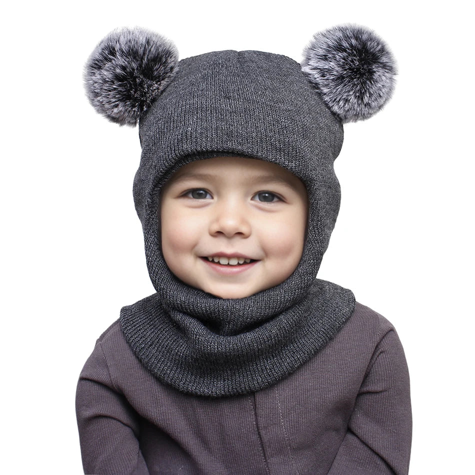 Kids Autumn Winter Pullover Hat Children's Double Ball Ear Protection One-piece Hats Baby Yarn Knit Cap Balaclava Christmas Gift