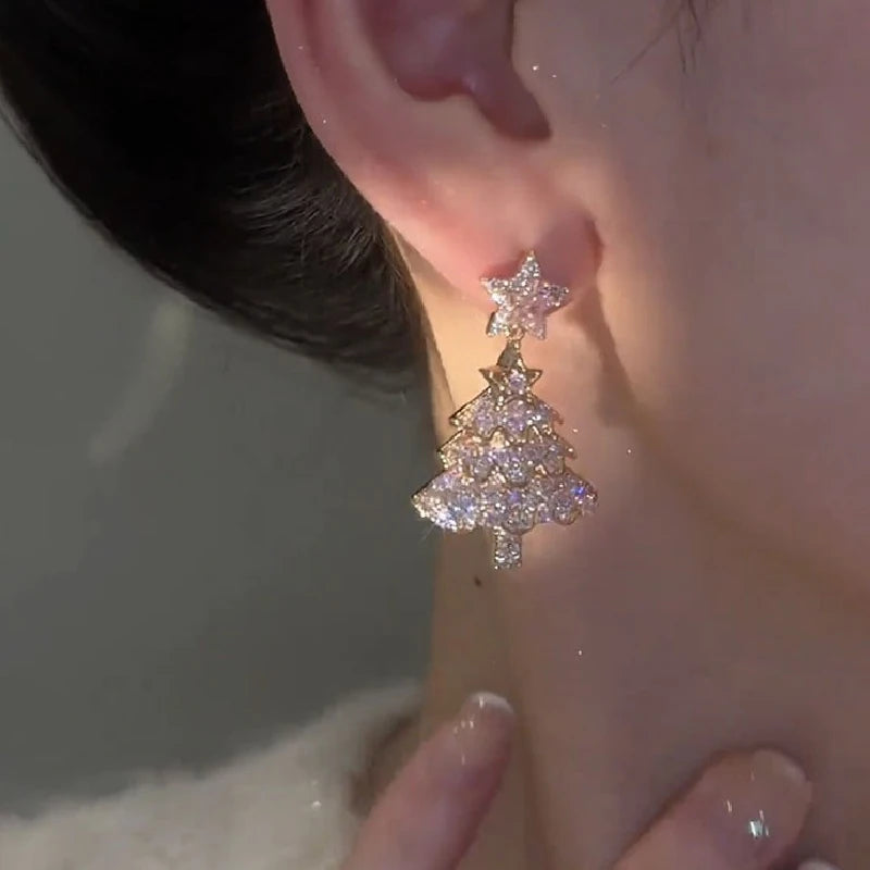 Shiny Pink Colorful Christmas Tree Zircon Crystal Earrings For Women Star Silver Color Stud Dangle Jewelry Xmas Party Gift