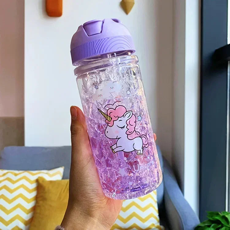 Stylish Double Straw Unicorn Ice Cup Summer Cold Drink Juice Coffee Water bottle Boy's Girl's Portable Plastic Cups Novelty Gift